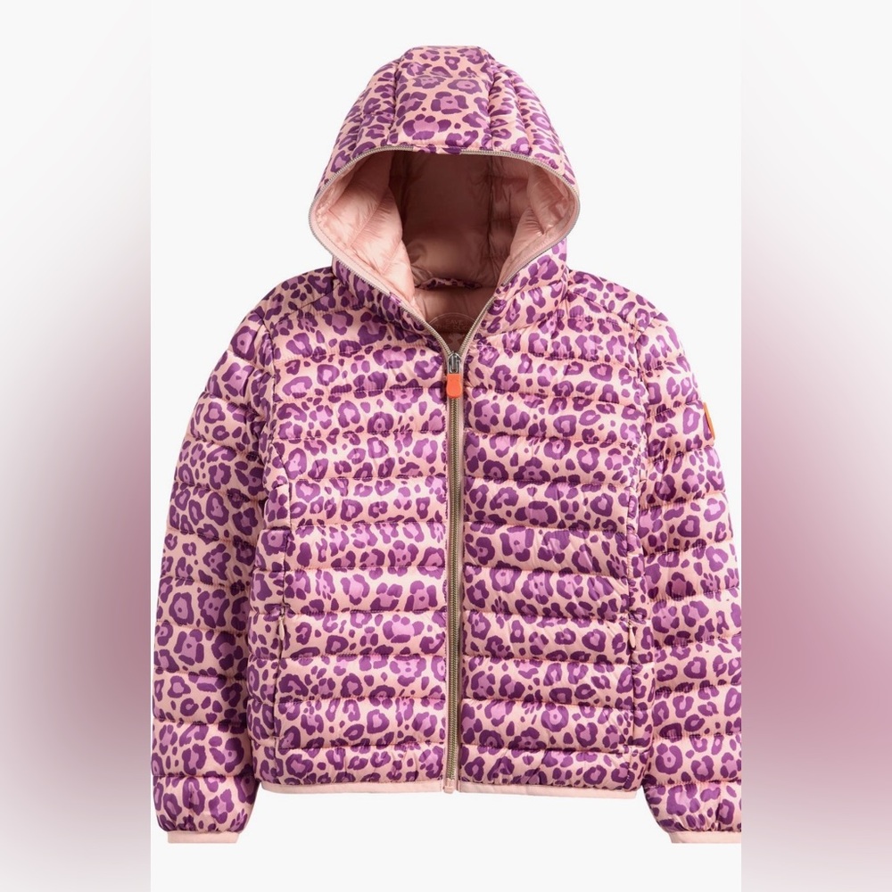 SAVE THE DUCK Pink Animal Print Puffer Jacket size 4 Brand New